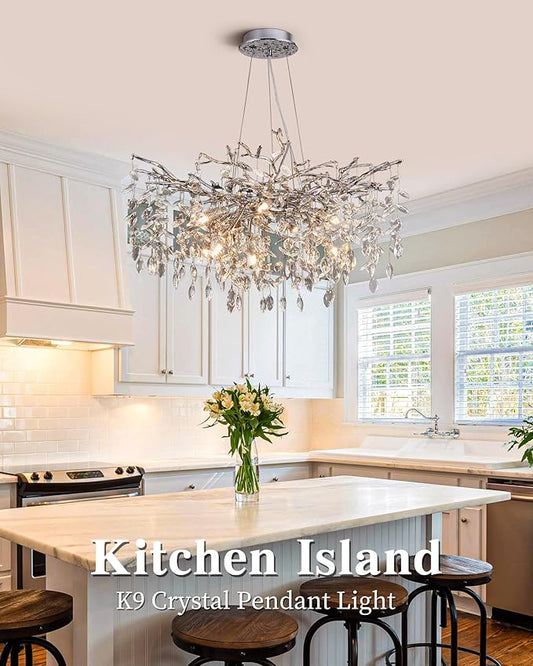 Modern Tree Branch Crystal Chandelier Luxury Silver Crystal Pendant Lighting 30" Contemporary 10-Light Chandeliers for Dining Room Kitchen Bedroom Living Room