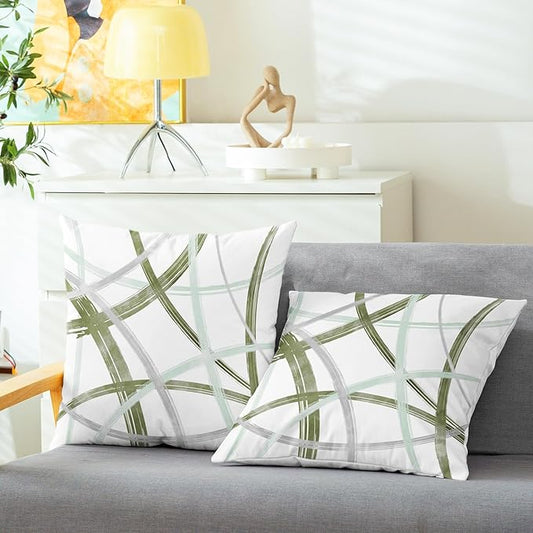 CaliTime Throw Pillow Cases Pack of 2 Cozy Fleece Arc-Shaped Abstract Geometric Lines Decorative Cushion Covers for Couch Bed Sofa Farmhouse Decoration 20 X 20 Inches Sage Green Grey