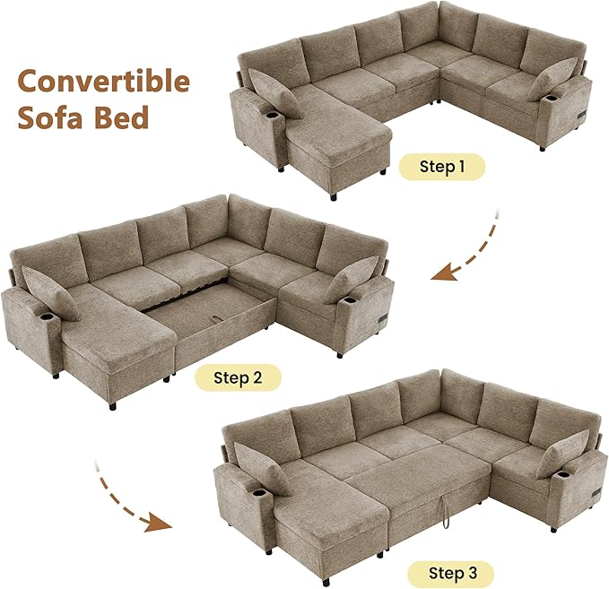 ERYE U Shaped Pull Out Sleeper Sectional Sofa Bed Modern Corner Convertible Sleeper Couch with Left Facing Storage Chaise, Cupholders, Charging Ports and Armrests Storage