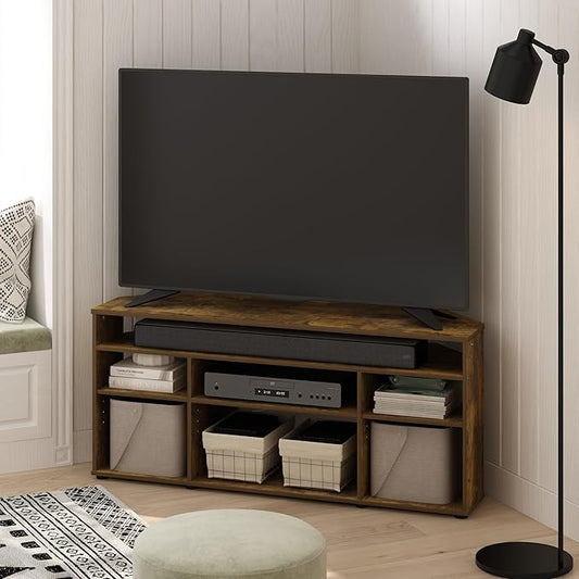 Furinno Jensen TV Stand, Corner Entertainment Center, TV Console for TV up to 55 Inch, for Living Room, Bedroom, Amber Pine
