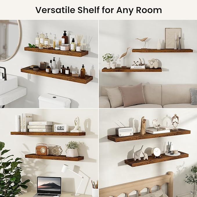 Fun Memories Floating Shelves for Wall, Rustic Wood Wall Mounted Shelves for Bathroom, Bedroom, Living Room and Kitchen, Storage & Home Decor (Set of 2, Brown, 72 in)