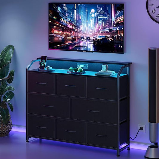 DUMOS TV Stand Dresser with 8 Fabric Drawers, 8-Drawer Chest of Drawers with APP Control LED Lights and Type-C Charging Station, Fabric Storage Tower TV Stand for Living Room, Black