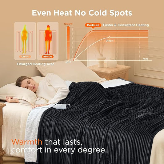 Bedsure GentleSoft Electric Blanket Twin - Soft Ribbed Flannel Heated Blanket, Heating with 10 Time Settings, 6 Heat Settings, and 8 hrs Timer Auto Shut Off, Gifts for Grandma (62x84 inches, Black)