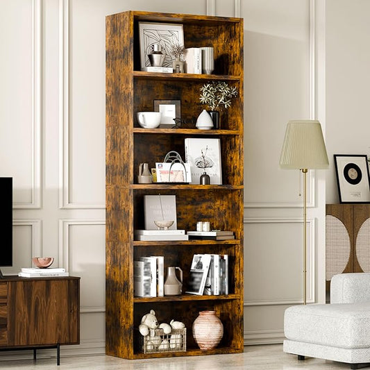 6-Tier Industrial Bookcase, 63" Tall Freestanding Wood Bookshelf with Open Display Storage Shelves for Living Room, Bedroom, Home Office, Rustic Brown