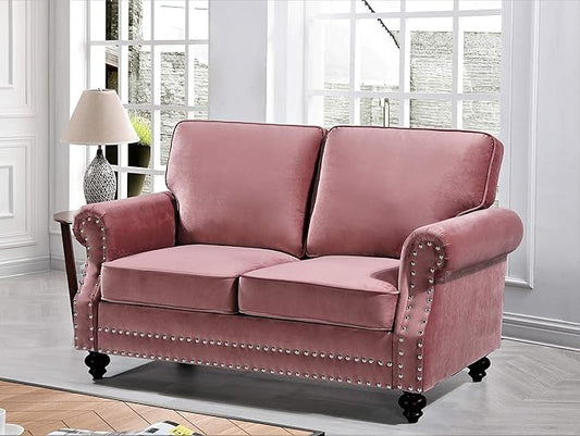 Container Furniture Direct Lotus Mid Century Modern Velvet Upholstered Living Room Rolled Arms, Sofa and Loveseat, Rose