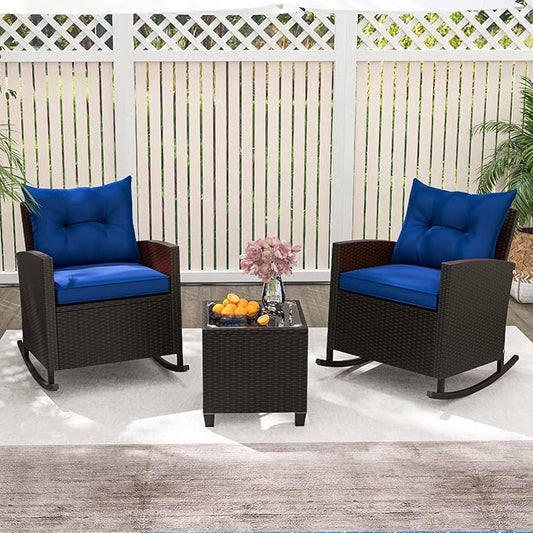 Tangkula 3 Piece Wicker Rocking Set, Patio Rattan Roker Chairs with Tempered Glass Table & Soft Cushions, Outdoor Furniture Set for Backyard, Poolside Porch (Navy)