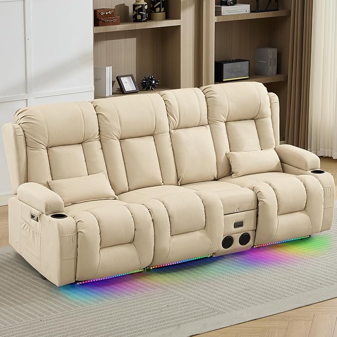 TUNYI Wall Hugger Loveseat Recliner Sofa with Console, Power Reclining Loveseat RV Couch with Massage & Heat/USB/Outlet/Storage/LED Light/Speaker (Beige, 3 Seat with Console)