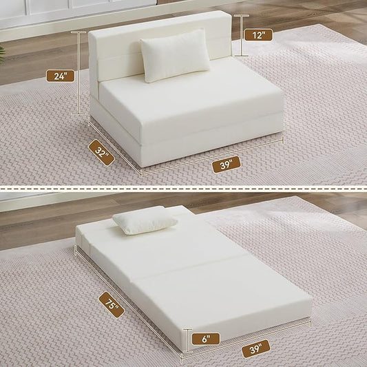 WUTUTUEE Folding Sofa Bed Convertible Floor Couch Foldable Chair Bed with Pillow,Linen Sleeper Chair Futon,Foldable Memory Foam Mattress for Bedroom/Living Room/Dorm/Office (Beige, Standard)