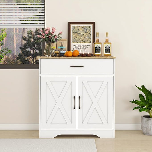 Panana Wooden Cabinet 1 Drawer and 2 Doors Storage Cupboard Coffee Bar Sideboard Farmhouse Entryway Organizer Console (White)