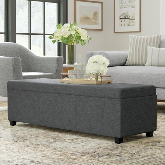 SIMPLIHOME Avalon Extra Large Storage Ottoman Bench - 54 inch Wide Upholstered Linen Look Fabric Rectangular Lift-Top Ottoman in Slate Grey, Contemporary Bench for Living Room with Hidden Storage