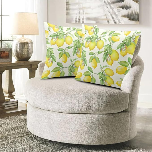 Yellow Lemon Throw Pillow Covers 16 X 16 Inch Watercolor Fruit Leaves Floral Decorative Cushion Case Farmhouse Spring Summer Outdoor Pillow Cases for Home Sofa Couch, 2 Pack