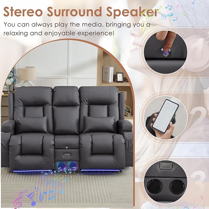 TUNYI Wall Hugger Loveseat Recliner Sofa with Console, Power Reclining Loveseat RV Couch with Massage & Heat/USB/Outlet/Storage/LED Light/Speaker (Light Grey, 2 Seat with Console)