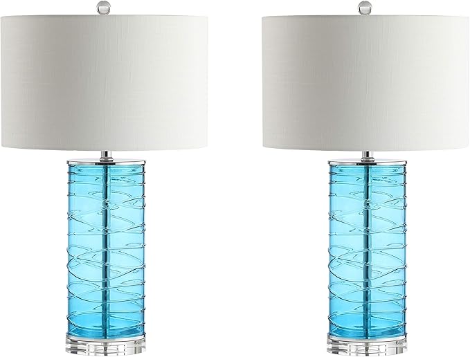 JONATHAN Y 27.5" Turquoise Modern Fused Glass Table Lamp Set of 2 for Bedroom Living Room, Coastal Nightstand Bedside Lamp with White Linen Shade, LED Bulbs Included JYL4016A-SET2