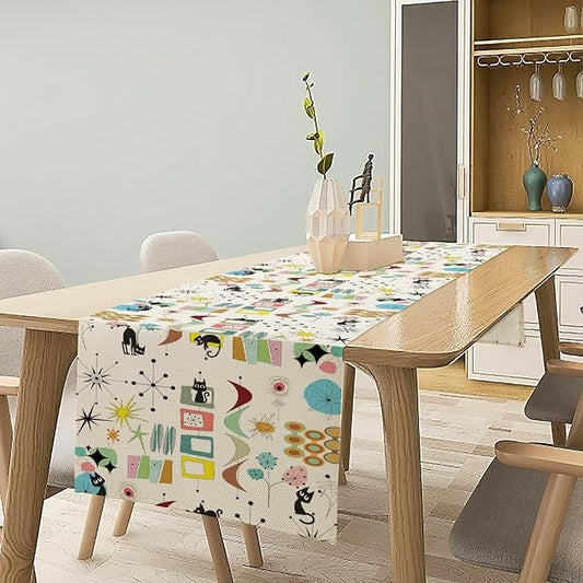 Mid Century Table Runner Modern Black Cat Colorful Geometric Atomic Star for Kitchen Dining Room Dining Table Decoration 13x36in