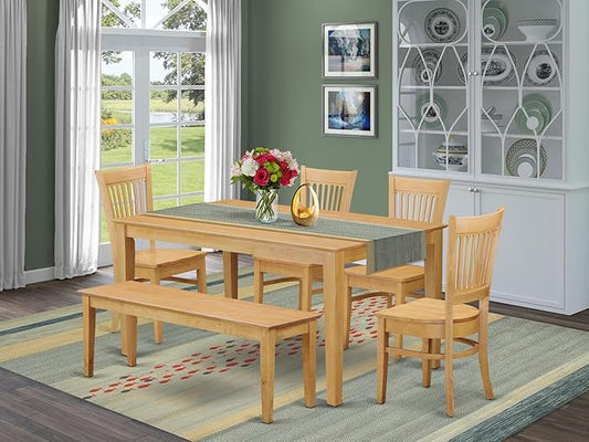 East West Furniture CAVA6-OAK-W 6 Piece Dining Room Furniture Set Contains a Rectangle Kitchen Table and 4 Dining Chairs with a Bench, 36x60 Inch, Oak