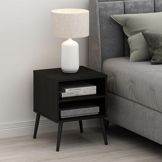 Furinno Claude Mid Century Style Nightstand with Wood Legs, 15.55 (D) x 15.55 (W) x 20.16 (H) inches, Espresso