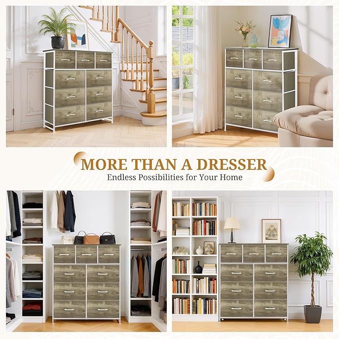 Dresser with 9 Drawers for Bedroom, Fabric Clothes Cabinet for Closet, Anti-Tip Storage Dresser with Metal Frame for Living Room, Entryway, Dorm, Greige Oak