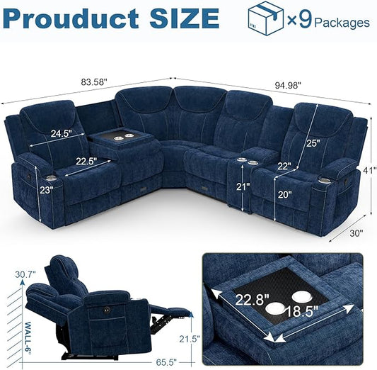 Dresegmt Home Theater Seating, Manual Recliner Sectional Sofa for Living Room, 5 Seater Reclining Sectional Couch with Flip-Up Backrest, Storage Console, USB Ports, Cloud-Like Blue Fabric