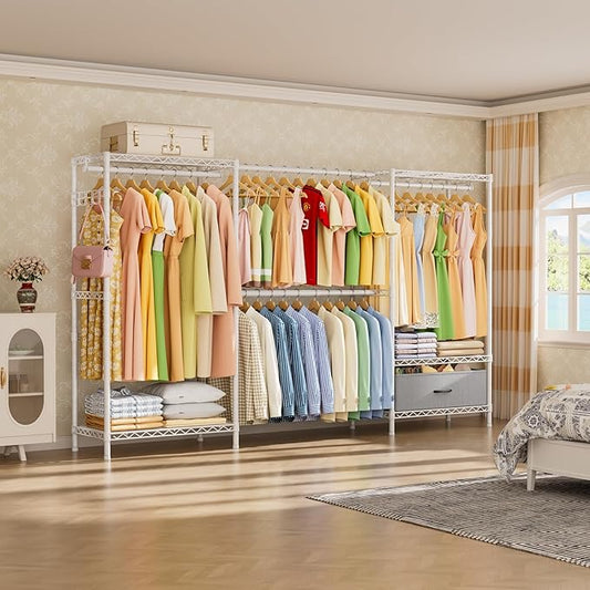 Coat Rack Clothes Wardrobe:Closet Organizer and Storage Clothing Garment Rack with Shelves Heavy Duty for Hanging Clothes Portable Adjustable White 15.8" DX69 WX76.5 H