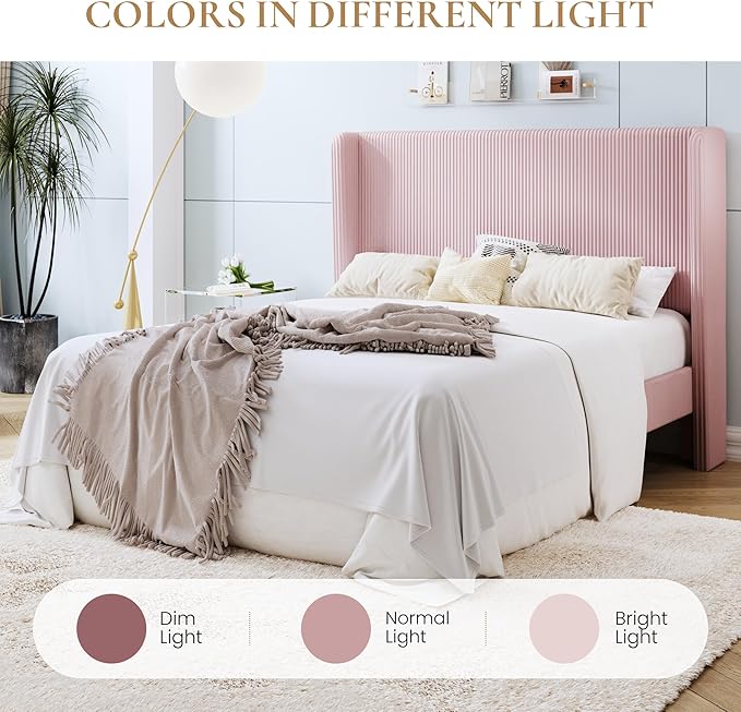 SHA CERLIN Full Size Corduroy Upholstered Platform Bed Frame with Vertical Channel Tufted Wingback Headboard, 8" Under Bed Storage, Wooden Slats & Metal Frame Support, Easy Assembly, Light Pink