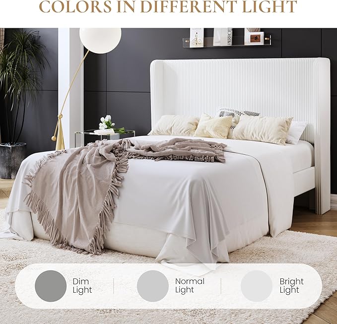 SHA CERLIN Full Size Corduroy Upholstered Platform Bed Frame with Vertical Channel Tufted Wingback Headboard, 8" Under Bed Storage, Wooden Slats & Metal Frame Support, Easy Assembly, White