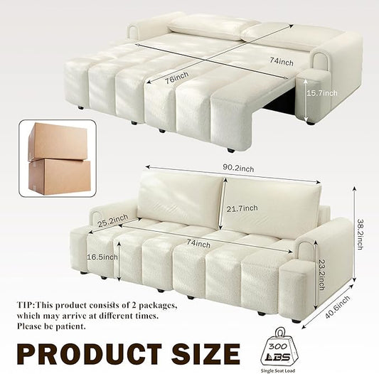 KEIKI 90.2" 4-Seater Modern Convertible Sofa Bed – Teddy Fabric Couch with Storage Seats, King Size 3-in-1 Sleeper Sofa for Living Room, Recliner Couch, Comfortable Sofa Bed for Families & Guests