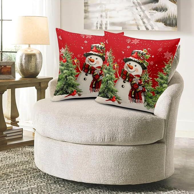 Snowman Throw Pillow Covers 16x16 Inch Set of 2 Christmas Snow Pine Trees Cardinal Pillows Cases Xmas Red Pillowcase Winter Holiday Decorative Cushion Cases for Outdoor Couch Patio