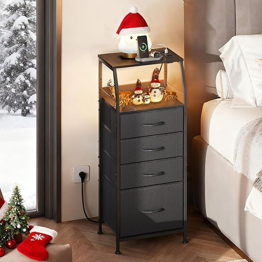 WLIVE Night Stand with Charger Station, LED Nightstand with 4 Fabric Drawers and Storage Shelf, Tall Dresser for Bedroom, 37.48" H Bedside Table with 3 USB Ports and Outlets, Black