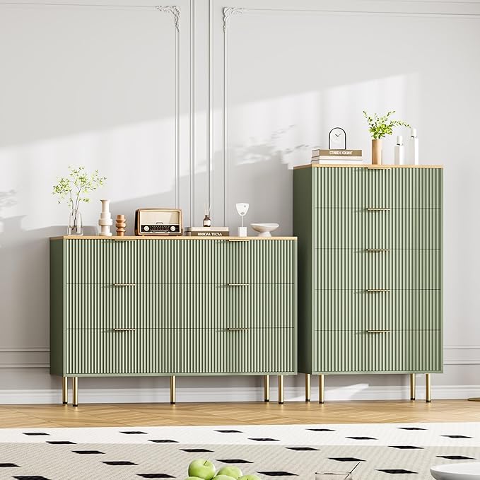GAOMON 6 Drawer Dresser for Bedroom Chest of Drawers, 47" Wide Fluted Dresser with Drawers, Modern Wooden Double Dressers with Metal Handles for Living Room, Hallway
