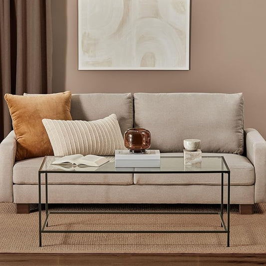 mDesign Glass Top Coffee Table - Large Minimalistic Rectangular Geometric Metal Accent Furniture Unit for Living Room, Basement, Home Office, Garage, and Bedroom - Black