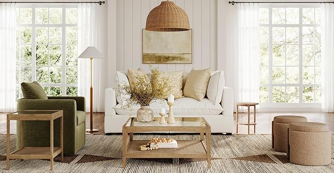 Nathan James Hayes Glass Top Coffee Table, Solid Wood Coffee Table with Glass Top and Rattan Bottom Shelf, Light Brown