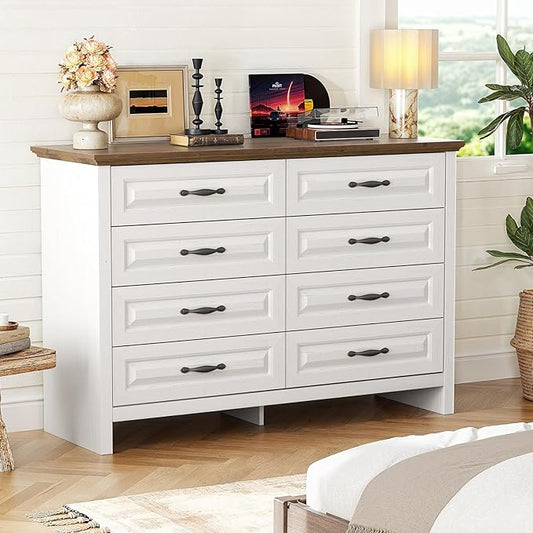Marsail 8-Drawer Farmhouse Dresser, Solid Wood Storage Space, Sturdy Wide Chest with Smooth Glide Drawers & Anti-Slip Kit, for Bedroom or Hallway, Brown&White