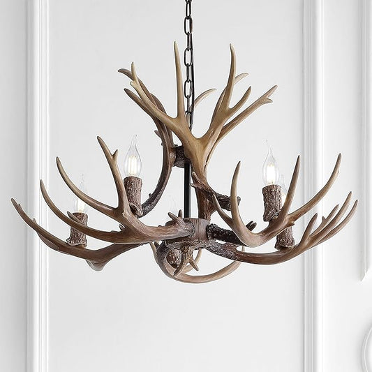 JONATHAN Y 26" Brown Rustic Resin Antler 4-Light LED Chandelier, Farmhouse Faux Deer Horn Hanging Ceiling Light for Dining Room, Kitchen Island, Adjustable Light Fixture (JYL6300A)