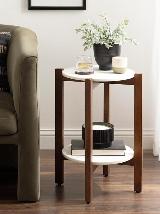 Kate and Laurel Moxley Transitional Round Side Table; 16 x 16 x 22; White Marble and Walnut Brown; Tiered Pedestal Table with Authentic Marble Tabletops for Bedroom Nightstand or Indoor Plant Stand