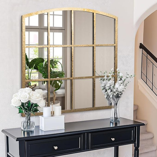 Hand-Forged Gold Window Pane Mirror, 36 Inch Wide Window Mirror, Metal Frame Arched Decorative Mirrors, Antique Grid Wall Mirrors for Living Room, Bedroom, Entryway