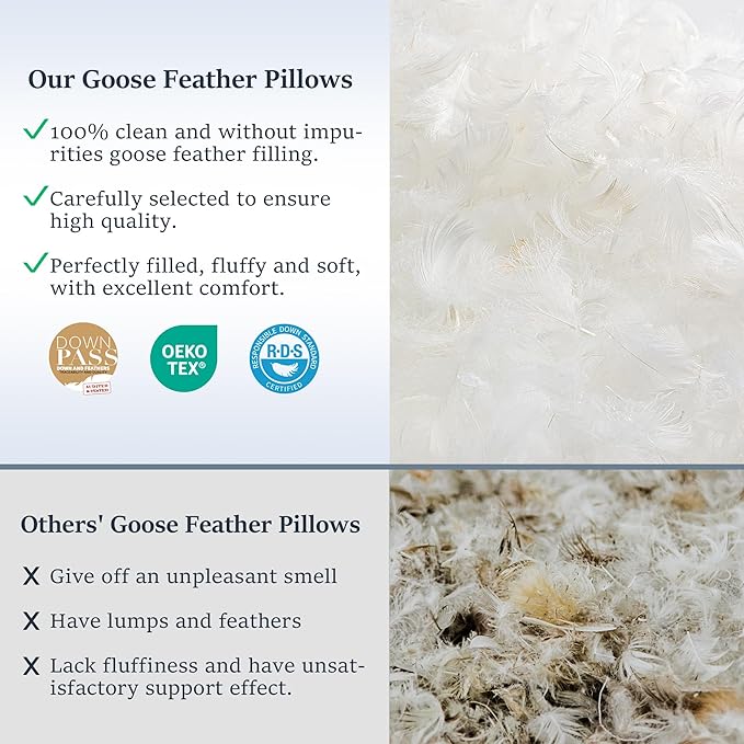 COZSINOOR Goose Feather Pillows Queen Size - Pack of 2, Hotel Down Bed Pillow for Sleeping, Soft 600 TC Cotton Cover, Fluffy Support Surround Fill Dual-Sided Design: Different Firmness on Each Side
