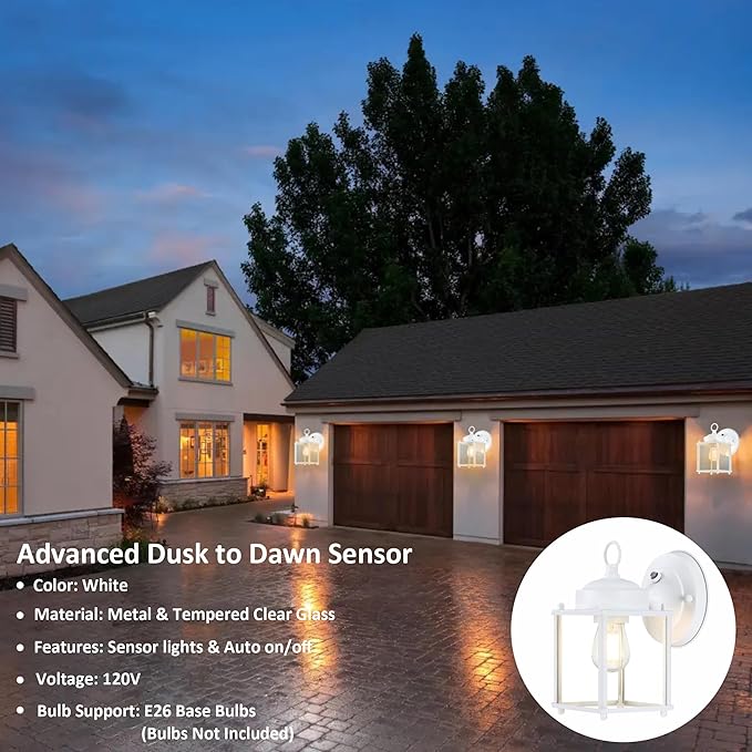 GRUENLICH Dusk to Dawn Outdoor Wall Lantern, Exterior Wall Sconce Light Fixture, Outside Porch Lighting with Clear Glass for House, Patio, White, 2 Pack