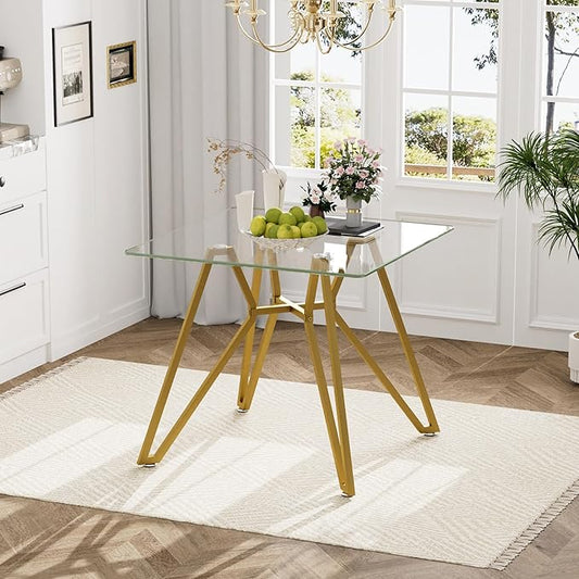 KEIKI 35.4-inch Square Tempered Glass Dining Table, Suitable for 2-4 People, Space-saving Small Kitchen Dining table, Equipped with Sturdy Metal Table Legs, Suitable for Dining Room, Living Room, Gold