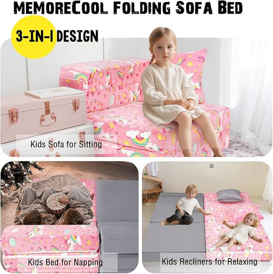 MeMoreCool Glow Tri-fold Sofa Bed for Kids, Folding Futon Mattress and Chair, Foldable Floor Couch for Playroom and Trifold Mattress for Sitting