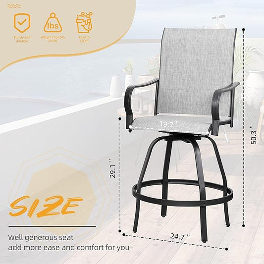 Shintenchi 4 Piece Patio Swivel Bar Chairs, All Weather Textile Outdoor Metal Bar Stools Patio Chairs Set of 4 with High Back, High Top Bistro Set Furniture for Balcony,Backyard,Garden,Deck,Light Grey