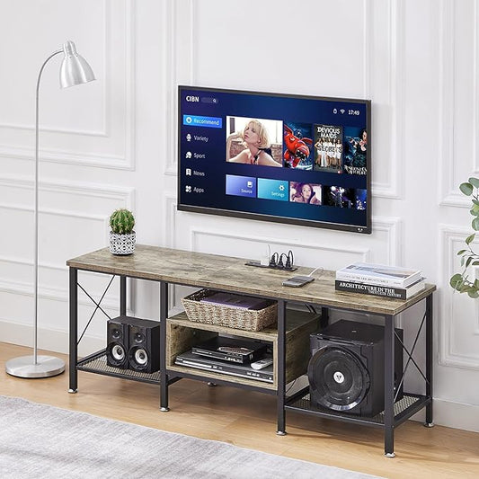 VECELO TV Stand with Power Outlets for 65 Inch Industria Media Entertainment Center with Charging Station, 3-Tier Open Shelves & Metal Frame for Living Room, Bedroom, 55 Inch, Grey