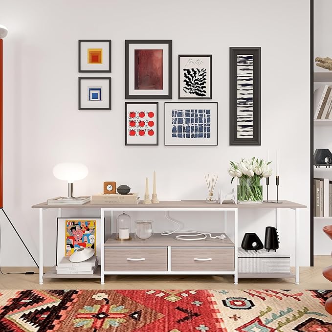 TQVAI 70 Inch TV Stands, Farmhouse Television Stand with Storage Drawer & Opening Shelves for Living Room Bedroom Dorm TV Consoles Entertainment Center with Power Outlets, Retro Grey/White