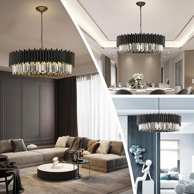 Black Crystal Chandelier 30'' K9 Smoke Gray Crystal Round Pendant Lights 12 Lights 6-Tier Large Modern Chandelier Light for Dining Room Living Room Bedroom Foyer Entryway