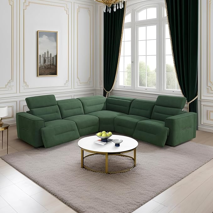 Power Recliner Sectional Couch, Flannel Living Room Furniture Set, Reclining Corner Sectional Sofa with USB Ports for Home/Office (Green, 5 Seater Couch)