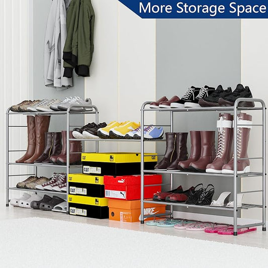 4-Tier Stackable Shoe Rack,Expandable & Adjustable Shoe Organizer Storage Shelf,High Capacity,Wire Grid,Silver