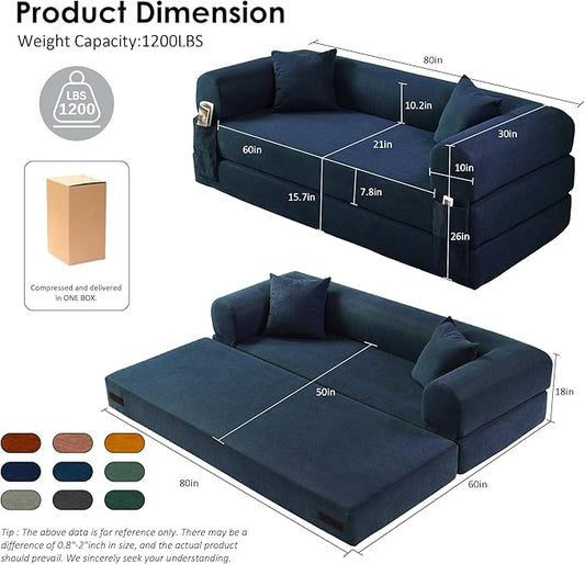 80" Convertible Sofa Bed, 3-in-1 Corduroy Folding Pull Out Couch with Pillows, No Assembly Modern Boneless Couch Compression Sofa in Box, Floor Sofa with Side Storage Pocket for Living Room,Navy Blue