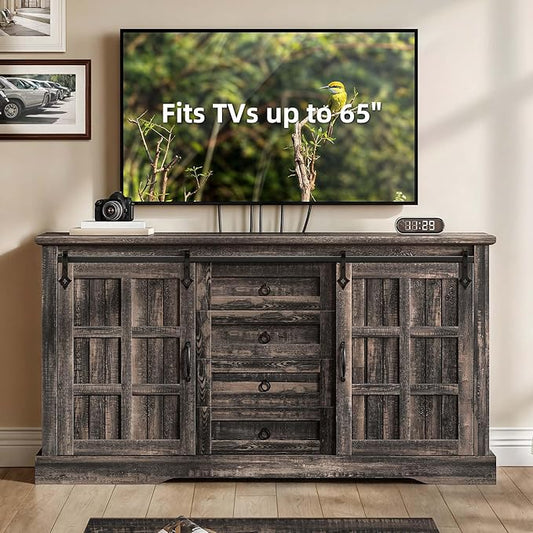DWVO Farmhouse Sideboard Buffet Cabinet with Storage, Large Kitchen Storage Cabinet w/Sliding Barn Doors and Drawers for Dining Room, Living Rool, Dark Rustic Oak