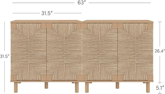 Nathan James Beacon Boho TV Stand, Free Standing Kitchen Cabinet Storage with Adjustable Interior Shelf and Seagrass Accent, Seagrass/Raw Oak, Set of 2