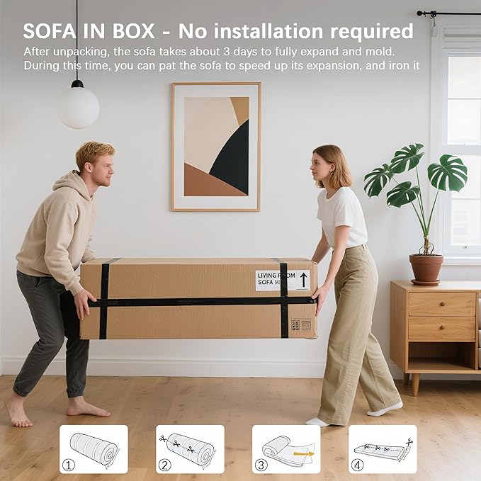 83" Modern Sofa in a Box, No Assembly Oversized 3 Seater 28" Deep Seat Cloud Sofa Bed Couch with 4 Furry Pillows & Corduroy Fabric, Boneless Couch with Side Storage Pockets for Living Room, Dark Grey