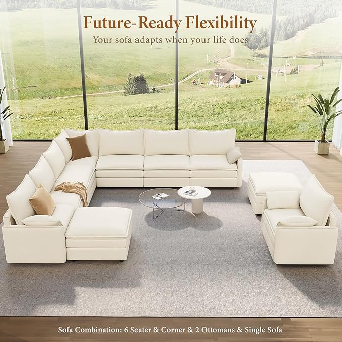 Vesgantti Large Modular Sectional Sofa, Big Comfy Cloud Couch with Ottoman Deep Seat Chenille Cloud Sofa, 9 Seater Large Sectional Couches for Living Room, Bedroom and Apartment, Snow White | Sink-in Comfort, Height Adjustable, Easy Rearrangement, Extr...